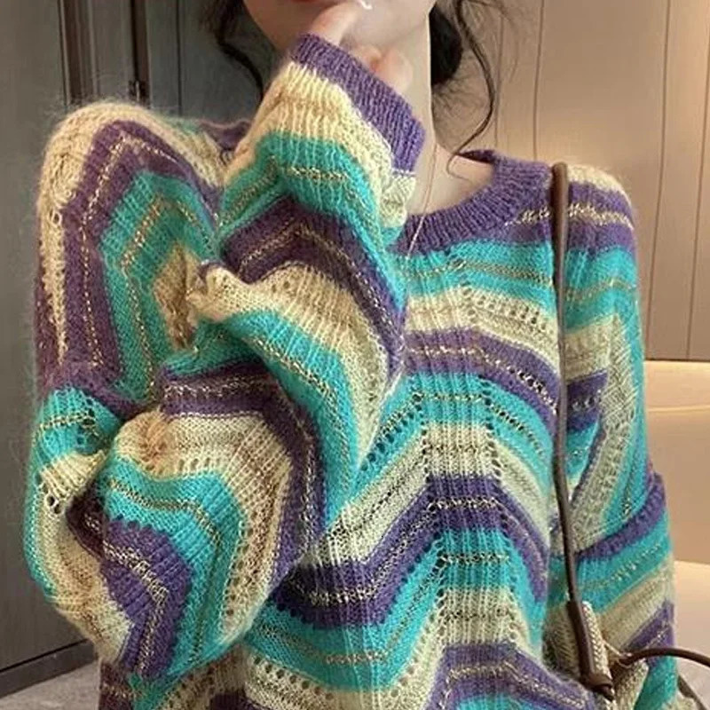 SpringSummer Multi Color Sweater Womens Round Neck Long Sleeve Loose Floral Hollow Elegant Full Match Comfortable Top 241211