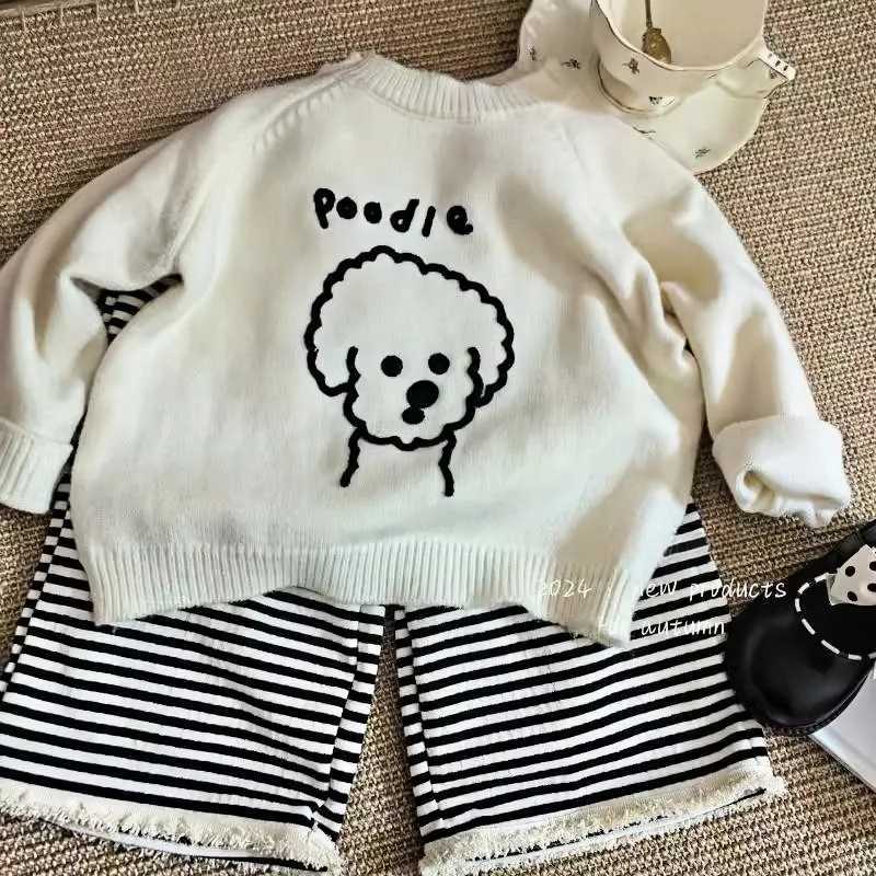 Clothing Sets Autumn Children Girl 2PCS Clothes Set Cotton Knitted Cartoon Dog Sweater Striped Raw Edge Wide Leg Pant Suit Toddler Girl Outfit H241214