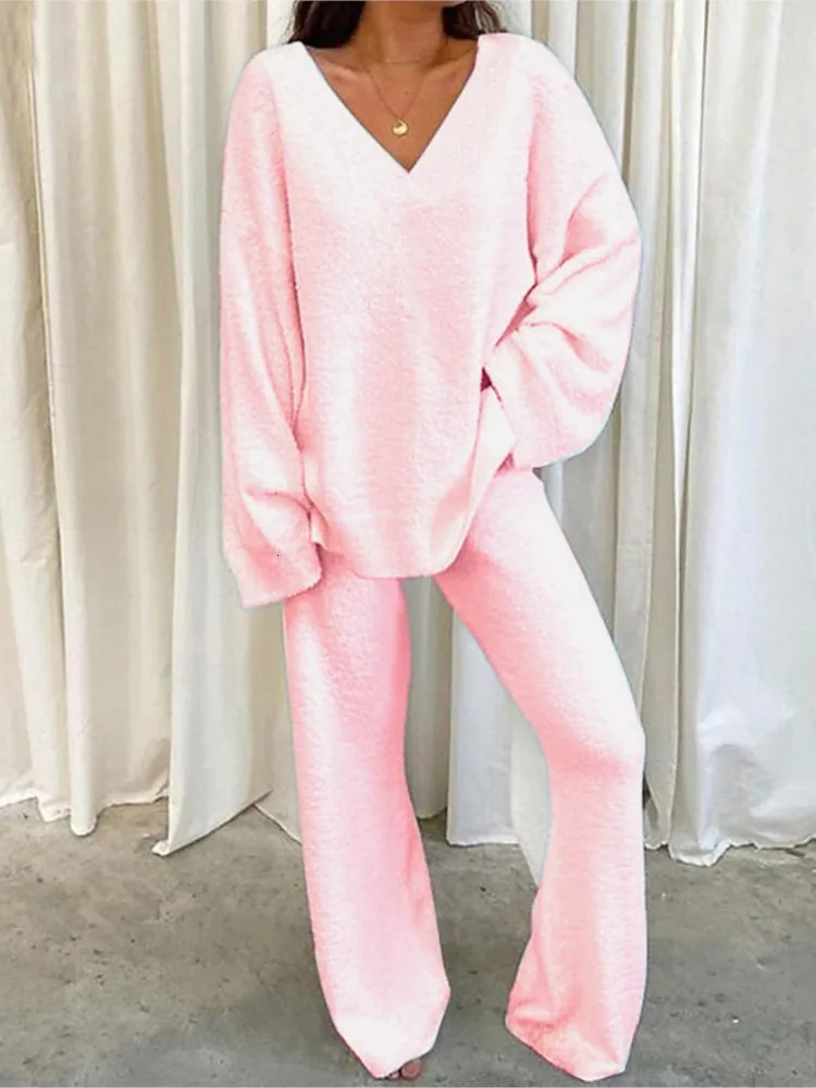 Winter Womens Comfortable Solid Color Sexy Vneck Casual Daily Home Warm Long Sleeved With Pocket Pants Twopiece Set 241203