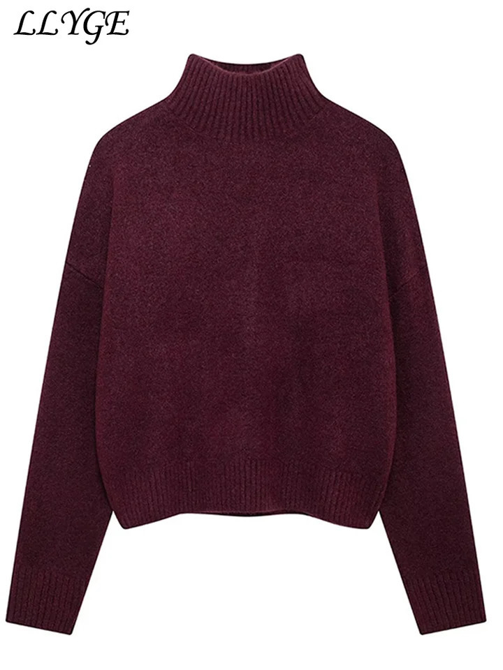 Retro womens Burgundy turtle neck sweater casual long sleeved thick pullout 2024 winter comfortable fully matched knit 241211