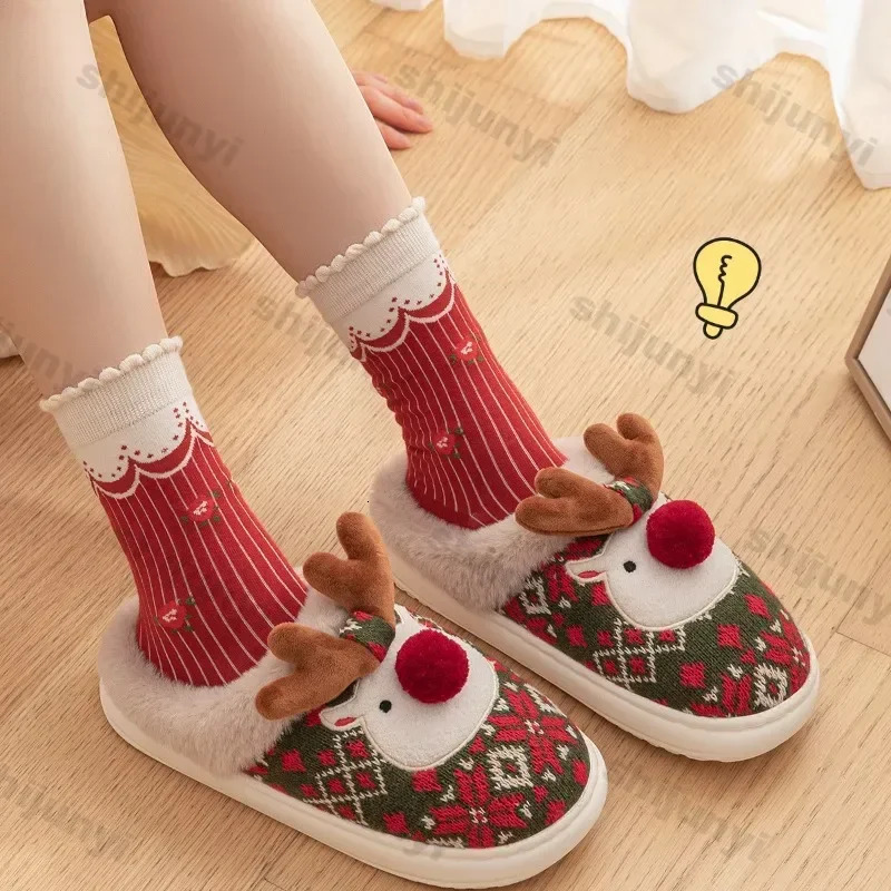 Christmas Women Slippers Winter Davids Deer Home Couple Warm Non Slip Plush Cotton Thick Soled Floor 241214