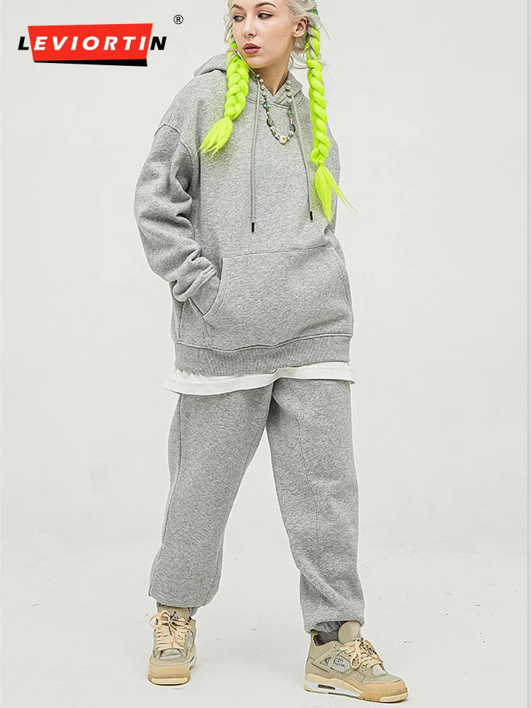 Autumn Winter Two Piece Set Men and Women Casual Fleece Warm Solid Oversized Hooded Tracksuit Long Sleeve Sport Hoodie Suit 241211