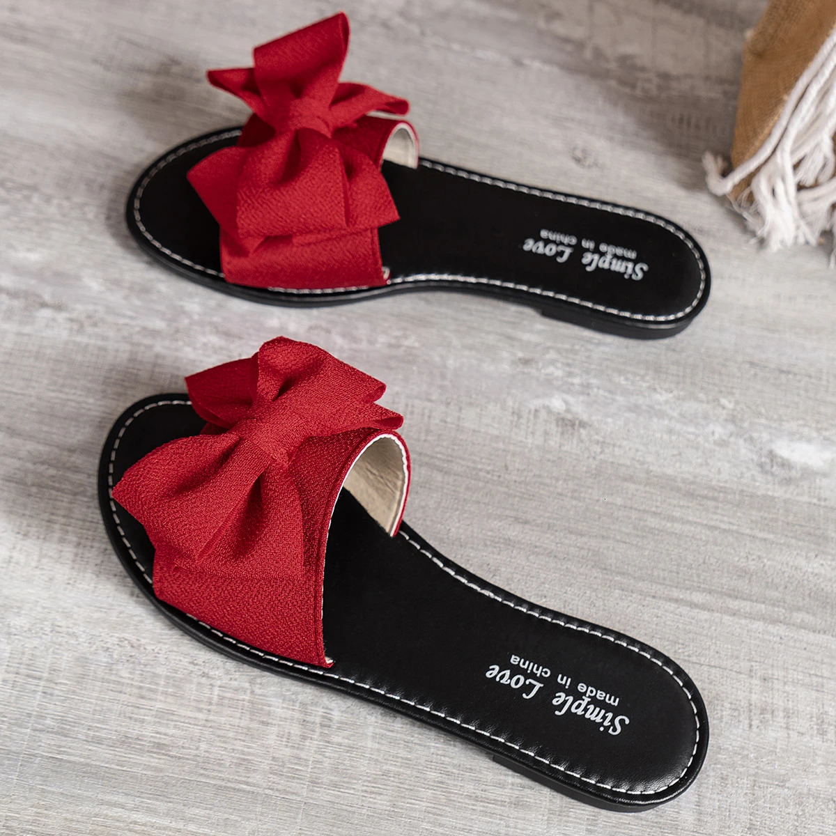 Women Slippers Fashion Sandals Slides Summer Bow Keep Warm Shoes for Flat Heel Plus Size Zapatos De Mujer 241214