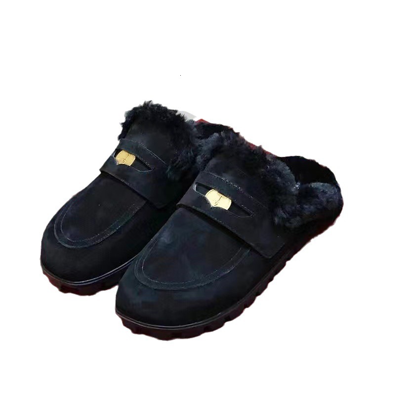 23 Winter New Hairy Baotou Half Slippers For Women, Flat Bottom, Versatile, Casual, Coin, Wool, One Step, Muller Shoes