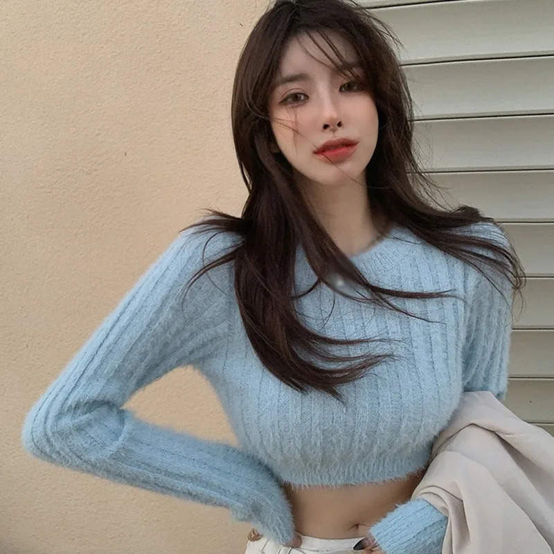 Home>Products>Womens crop tops>Round neck camouflage sweaters>Ultra thin knitted sweaters>Fluffy long sleeved sweaters 241211