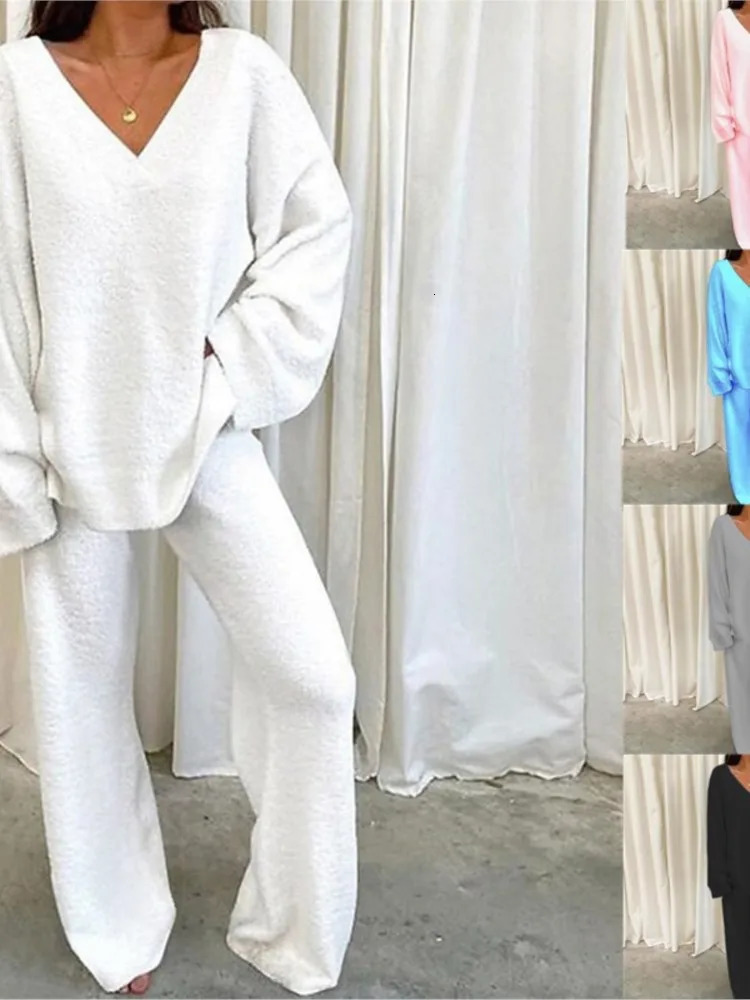 Winter Womens Comfortable Solid Color Sexy Vneck Casual Daily Home Warm Long Sleeved With Pocket Pants Twopiece Set 241203