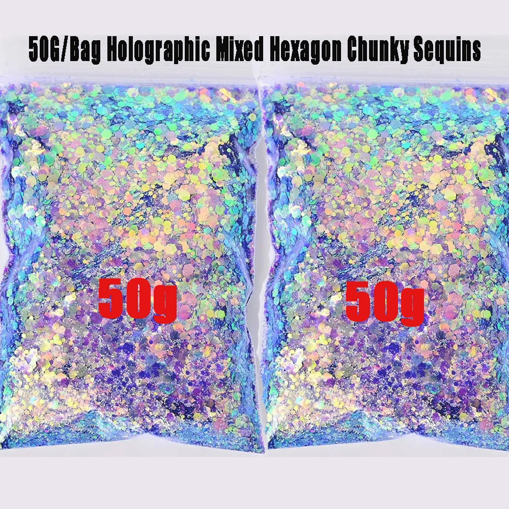 50g Christmas holographic iris nail glitter mixed size hexagonal ultrathin bodyeyeface 241213