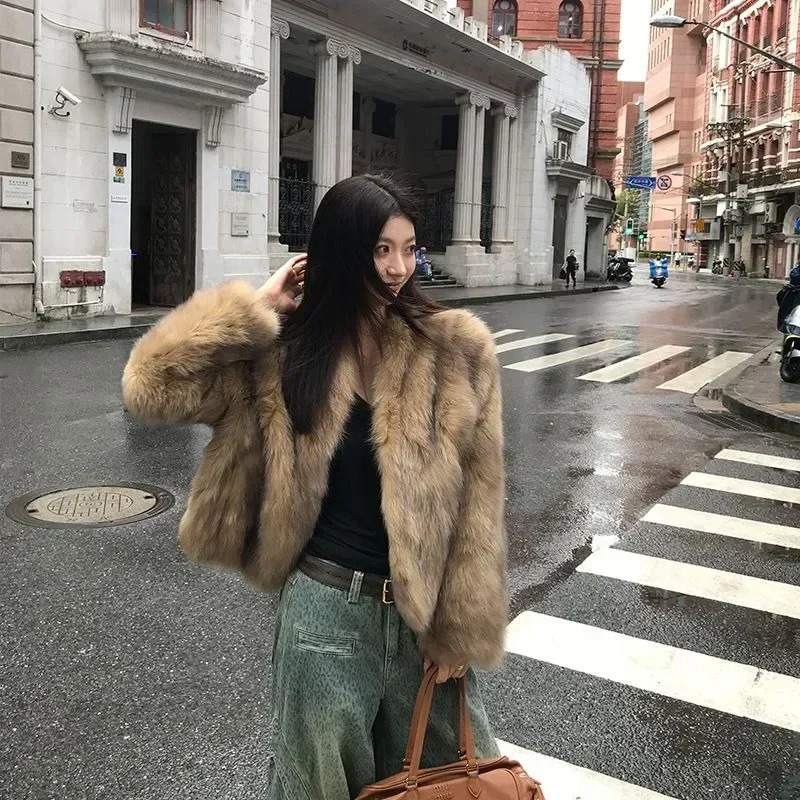 Winter Coat Korean Fashion High End Fox Fur for Women Clothes Vneck Warm Brown Short Jackets Tops 241211