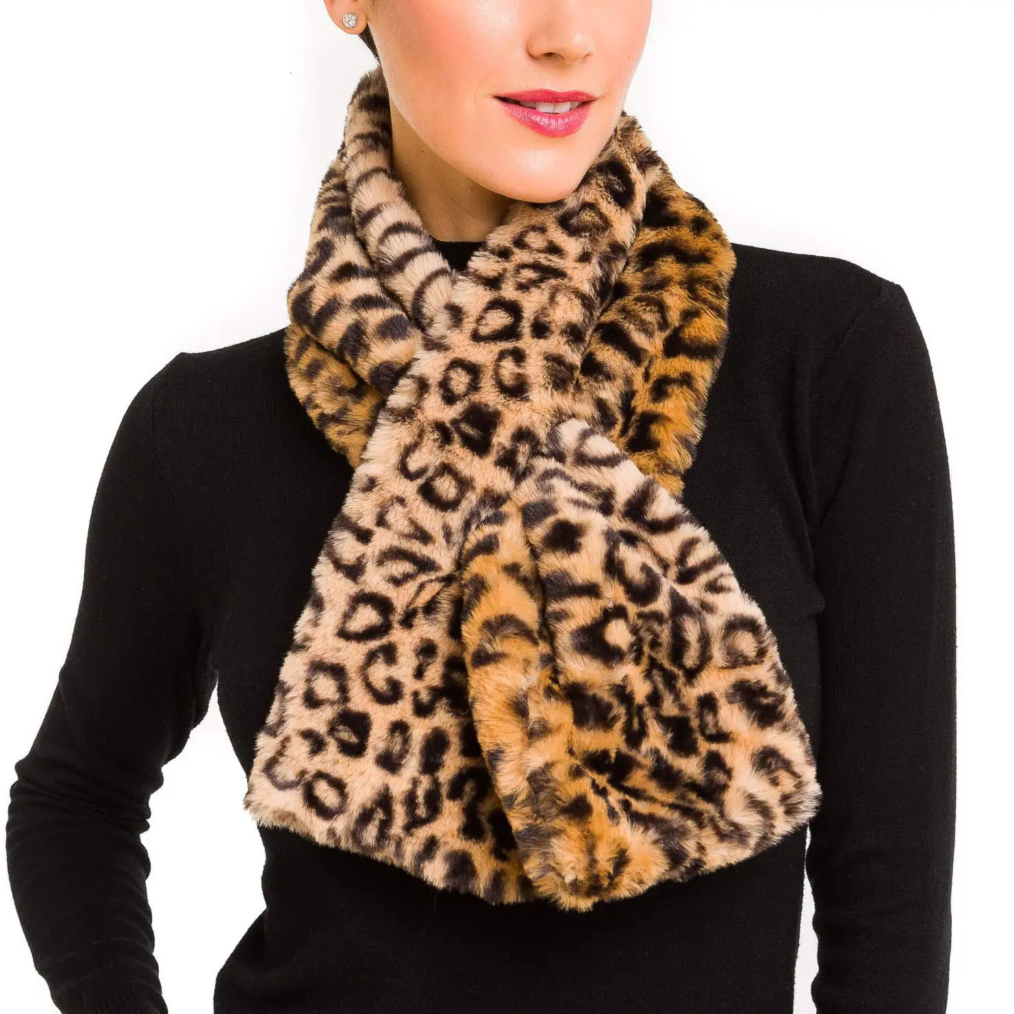 Womens faux fur scarf leopard print autumn coat collar shawl 241210