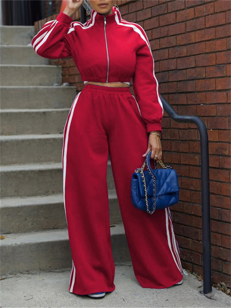 2 Piece Sets Women Outfit Fall Clothes Side Striped Zip Top Wide Leg Pant Casual Tracksuits Set Sweat Suit 241209