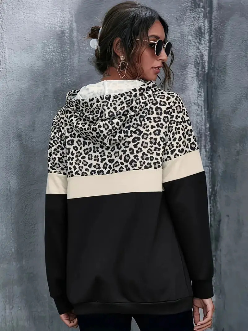 Leopard Print Kangaroo Pocket Hoodie Casual Color Block Long Sleeve Drawstring Hoodie Womens Wear 241214