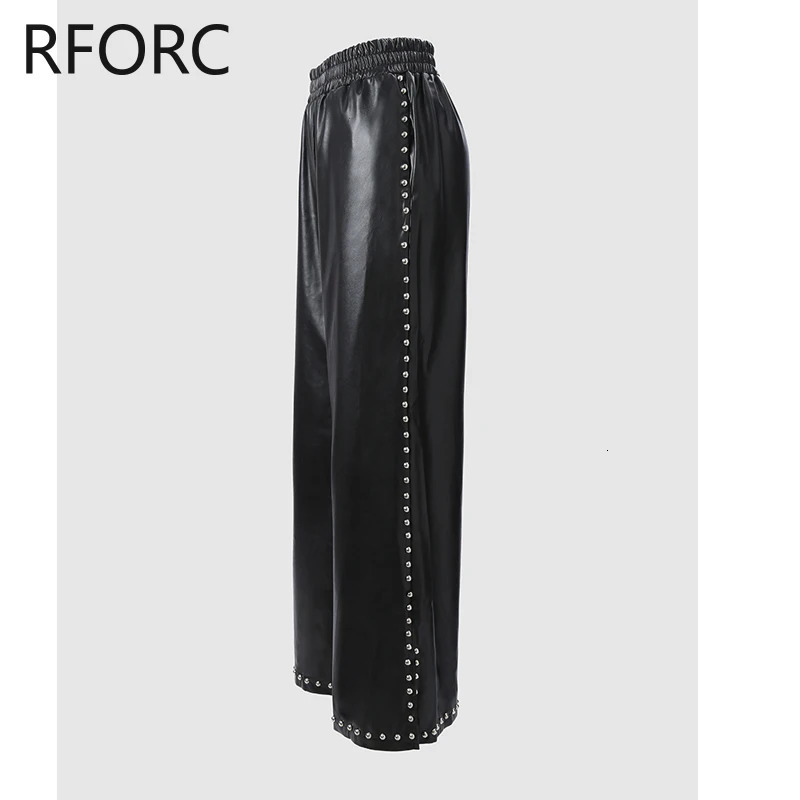 Womens fashionable Pu leather elastic waist rivet side decoration small silk straight leg pants 241212