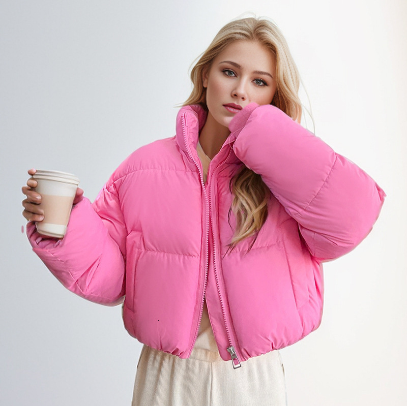 Women's Winter Puffer Stand-Up Collar Cropped Quilted Jacket Splashproof Water Windproof Down Cotton Coat