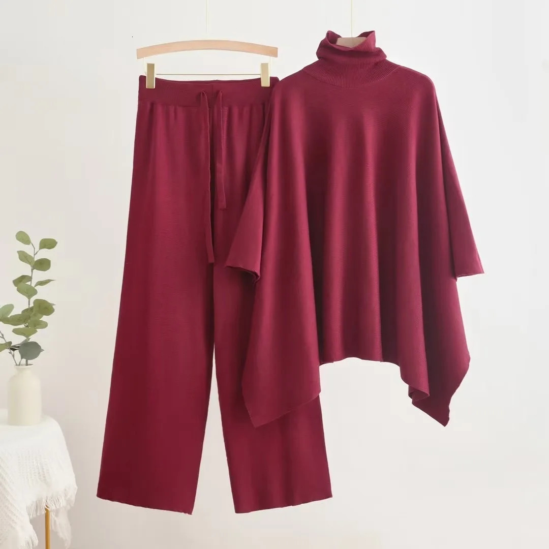 Elegant Knitted 2 Piece Sets Women Turtleneck Long Sleeve Knitwears Sweater Conjuntos Casual High Waist Sweatpants Outfit 241209