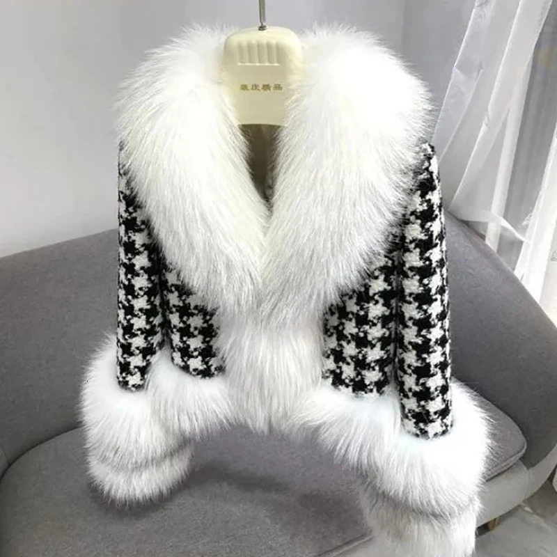 Womens fur coat for autumn and winter ious and warm short style with a checkered fur collar and faux fur jacket fashionable and adjustable waist jacke