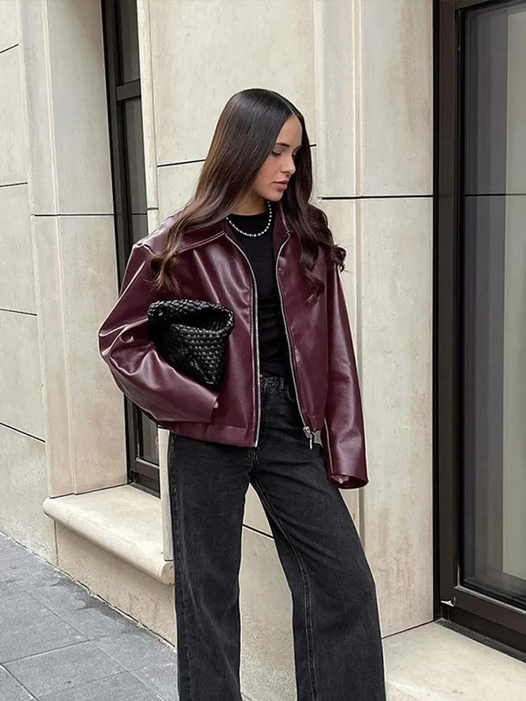 Street leather womens jacket wine red lapel long sleeved Pu womens jacket retro pocket zipper motorcycle womens jacket 241214