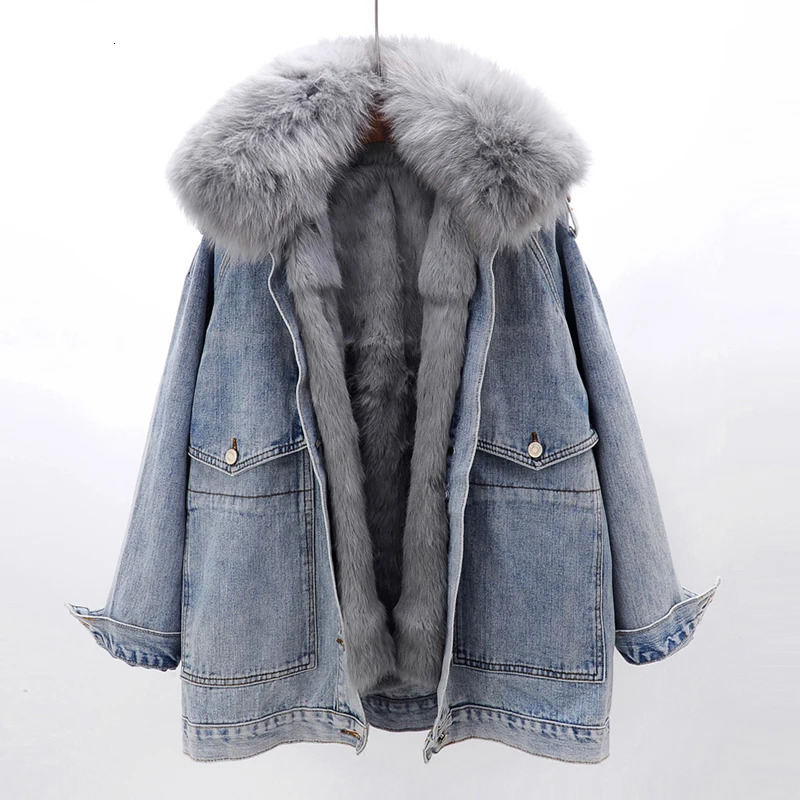 Detachable real fox fur collarrabbit fur lining denim jacket for womens winter loose thick denim jacket Parka womens jacket 241210