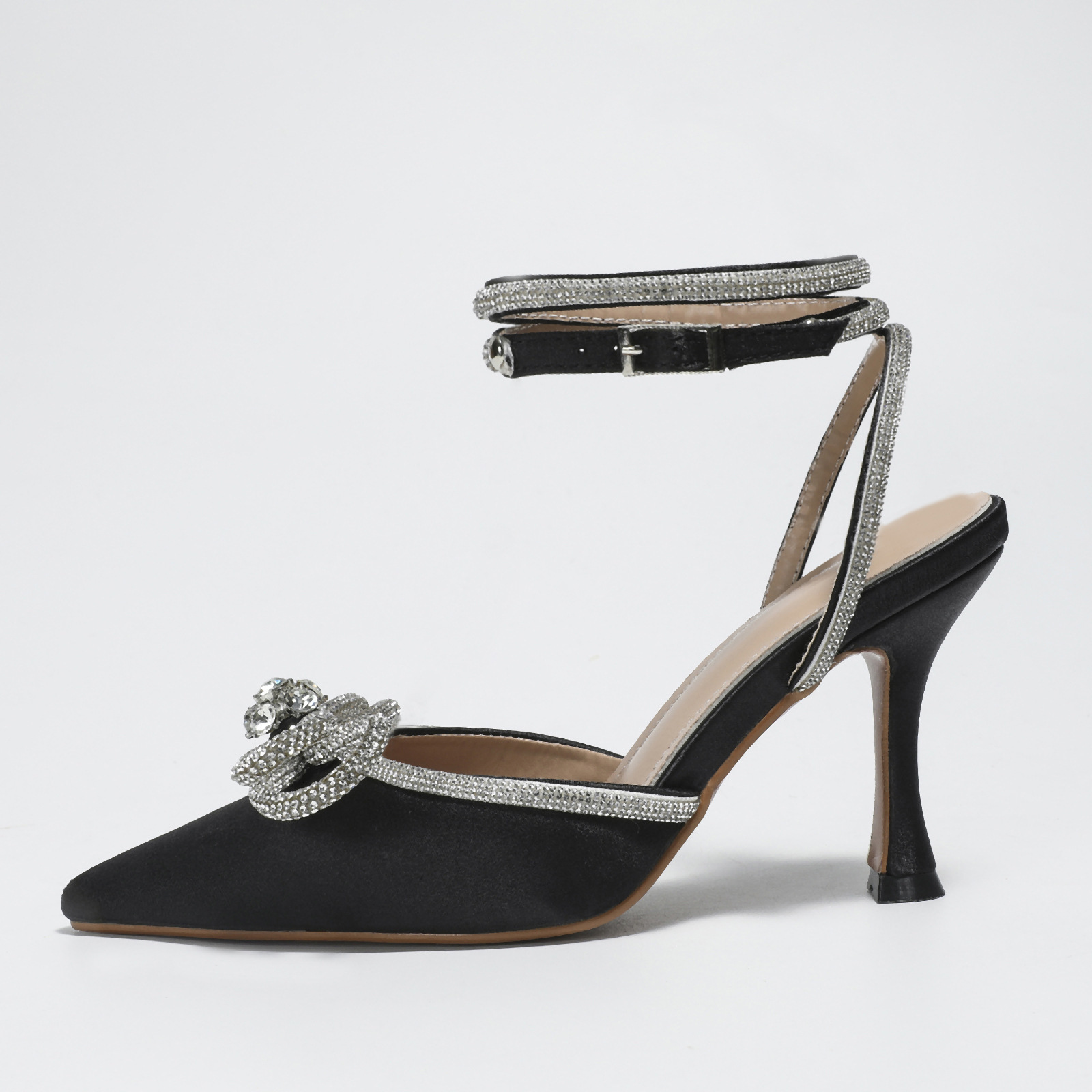 2023H New Summer Flash Black Silver Powder Fine Heel Upgraded 8.5Cm Pointed Bow Water Diamond Wheels Women's Shoes