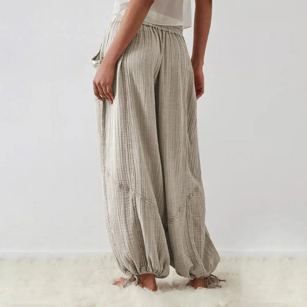 Womens harem pants summer casual retro cotton linen elastic waist wide leg fashionable loose pocket womens Trousers S5XL 241212
