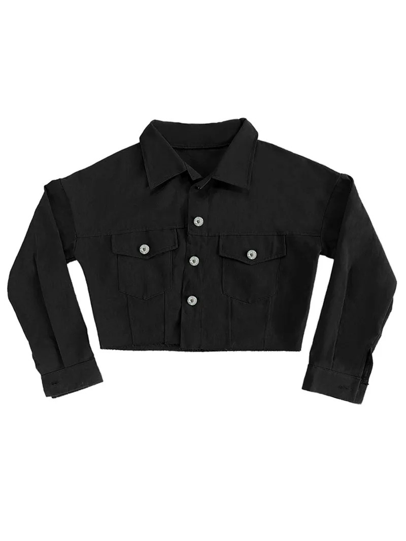 Womens denim short jacket solid color long sleeved lapel womens spring autumn button down 241211