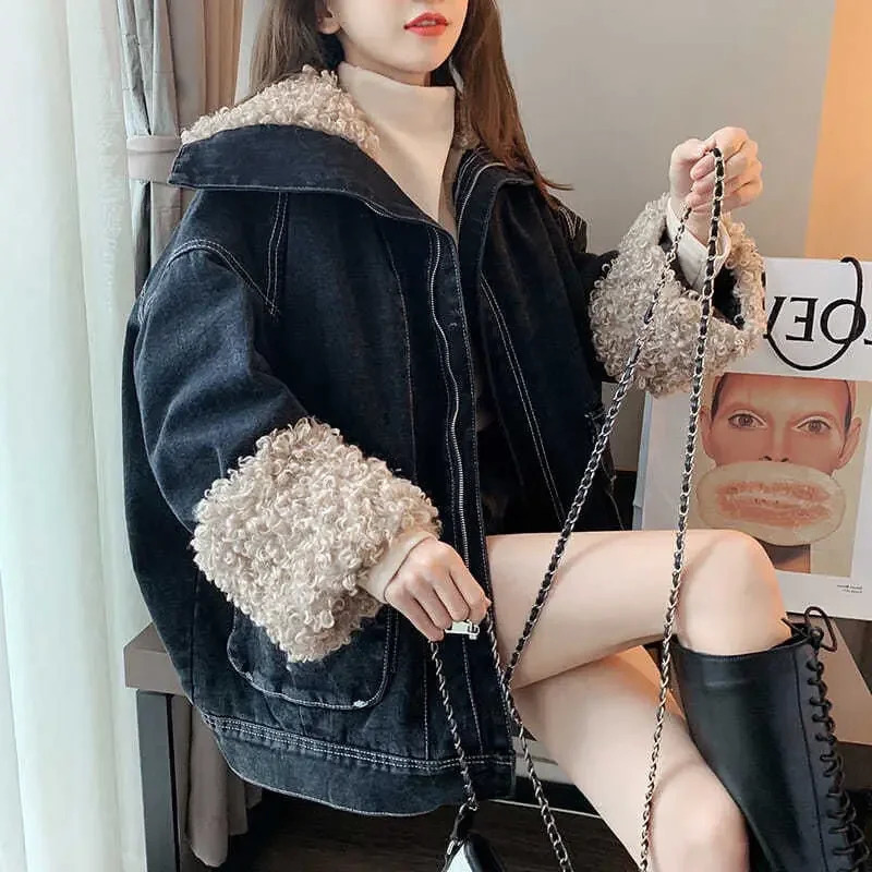 Versatile denim cotton jacket womens autumn and winter item wool lining cashmere plus size fashionable jacket 241210