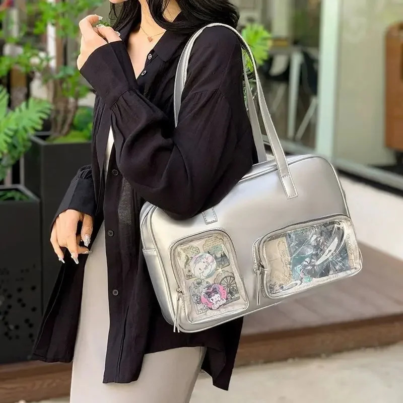 Xiuya Silvery Womens Handbag Lolita Fashion Edition Large Capacity Itabag 2024 Casual Pu Leather Underwear Shoulder Bag 241212