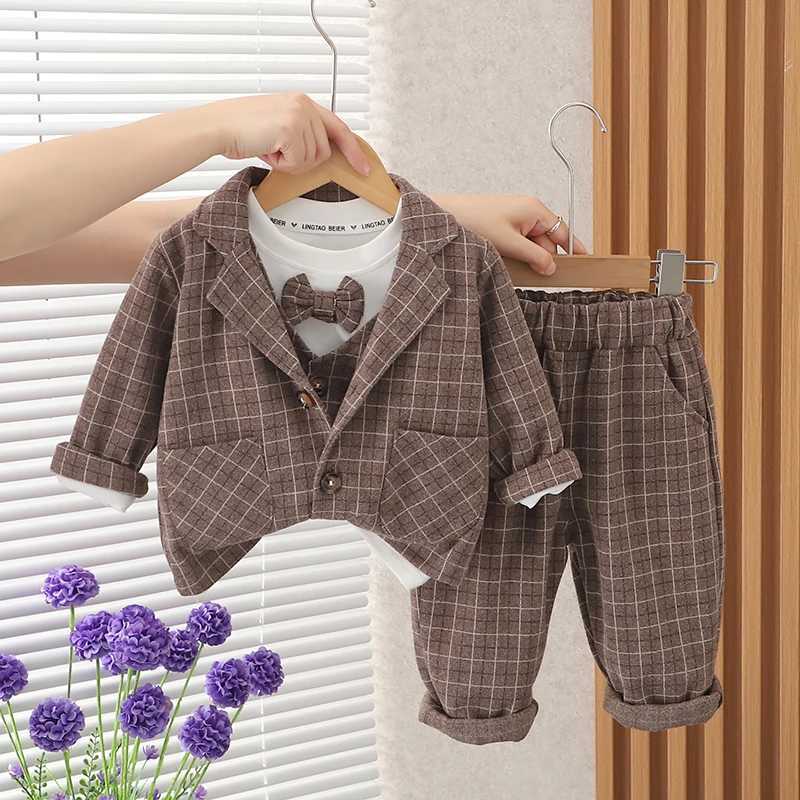 Clothing Sets Children Clothing Spring Autumn Baby Boys Wear Infant Lapel Plaid T-Shirt Pants 3pcs/sets Toddler Casual Suit 0-5 Years H241214