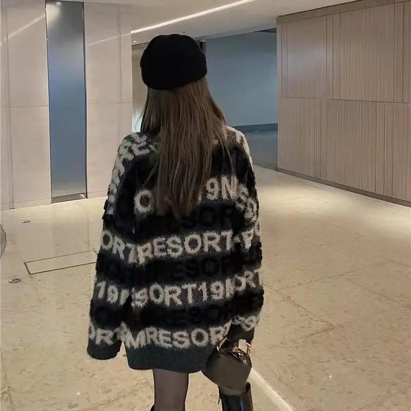 Womens Sweater AutumnWinter Mid length Lazy Style Loose Casual Fashion Trend Knitted Top 241211