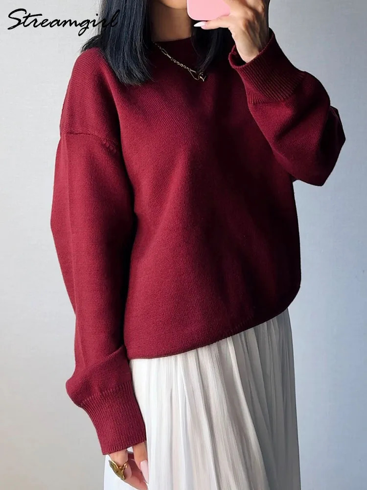 Basic Winter Burgundy Oversized Sweater Womens Oneck Warm Pull Loose Knitted Clothing 2024 241211