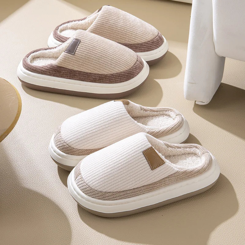 Winter Autumn Trendy Cotton Slippers Couple Warm Plush Indoor Home Thick Bottom Toe Wrap Non Slip Soft Sole House Shoes 241214