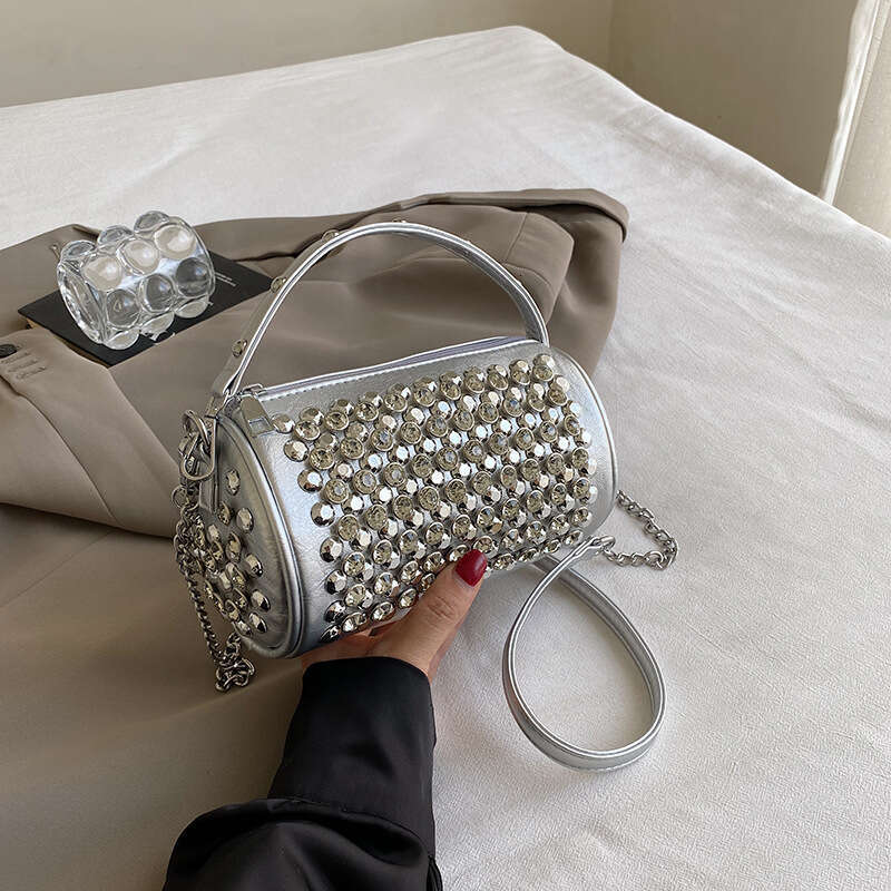 High end fashion versatile rivet small square for women 2024 new personalized and trendy handbag, single shoulder crossbody cylindrical bag