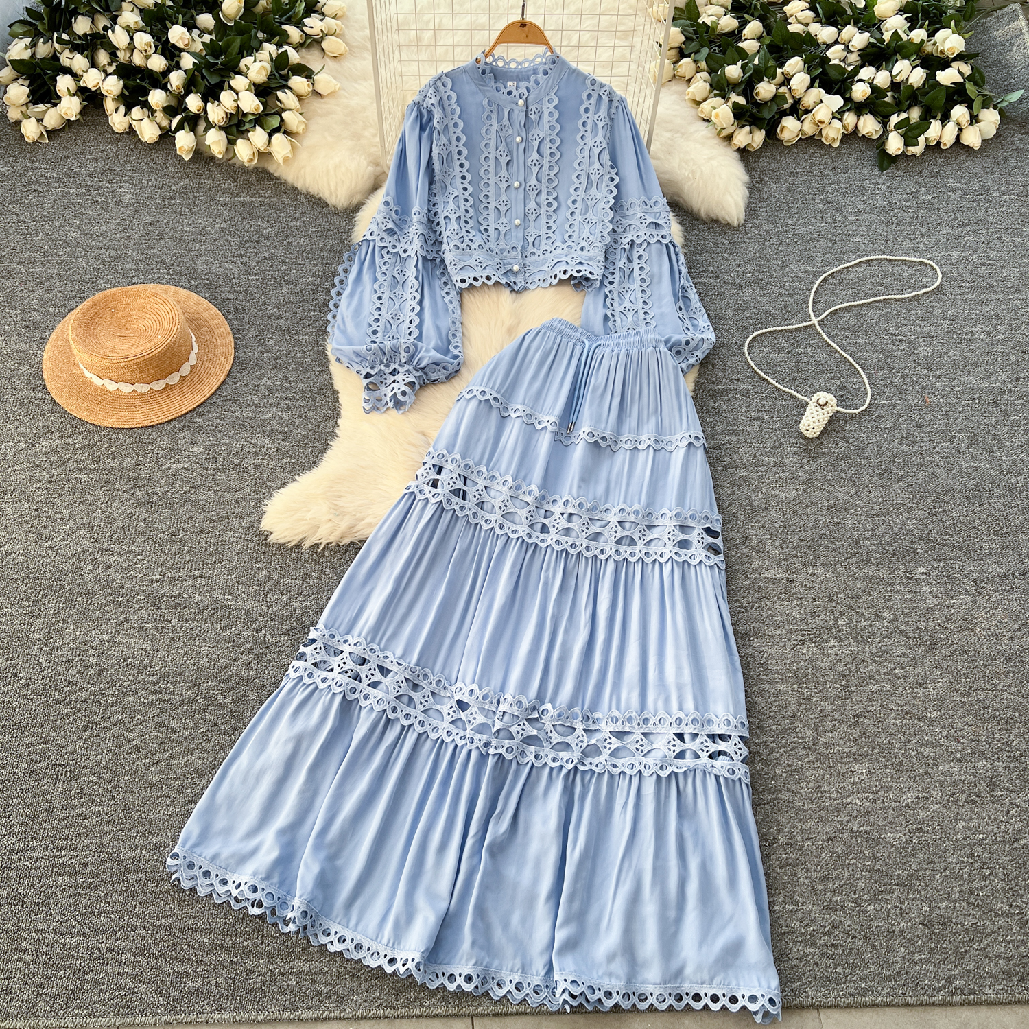 Two Piece Dress 2025 Spring Holiday Hollow Out Embroidery 2 Piece Sets Women Lantern Sleeve Short Loose Shirt Top A-Line Pleated Skirts Suit