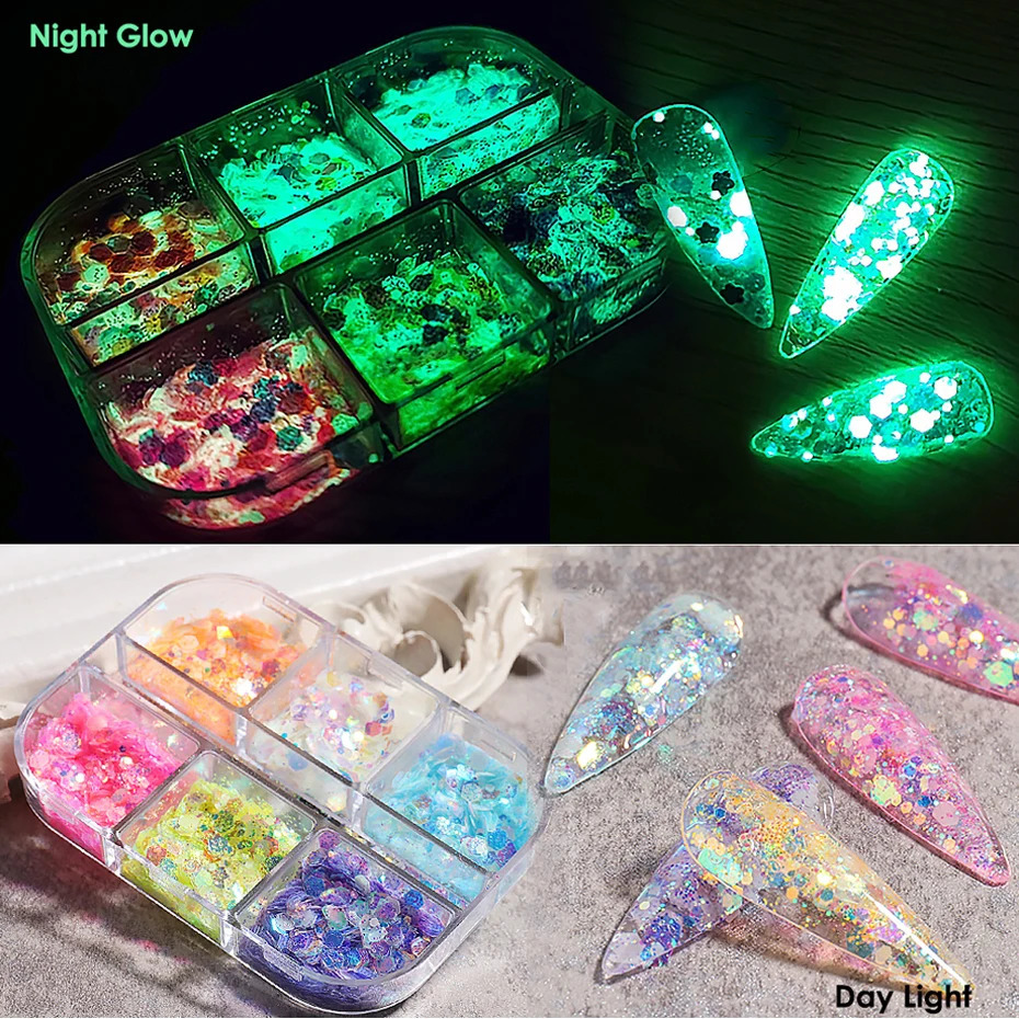 1 box of luminous nail glitter neon hexagonal fluorescent film used for art decoration craft TR190920 emitting light in the dark 241213