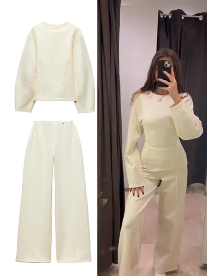 Elegant Solid Top Pants Sets Women Two Piece Sets O-Neck Long Sleeve Pullover Wide Leg Trousers Set Casual Office Outfit 241214