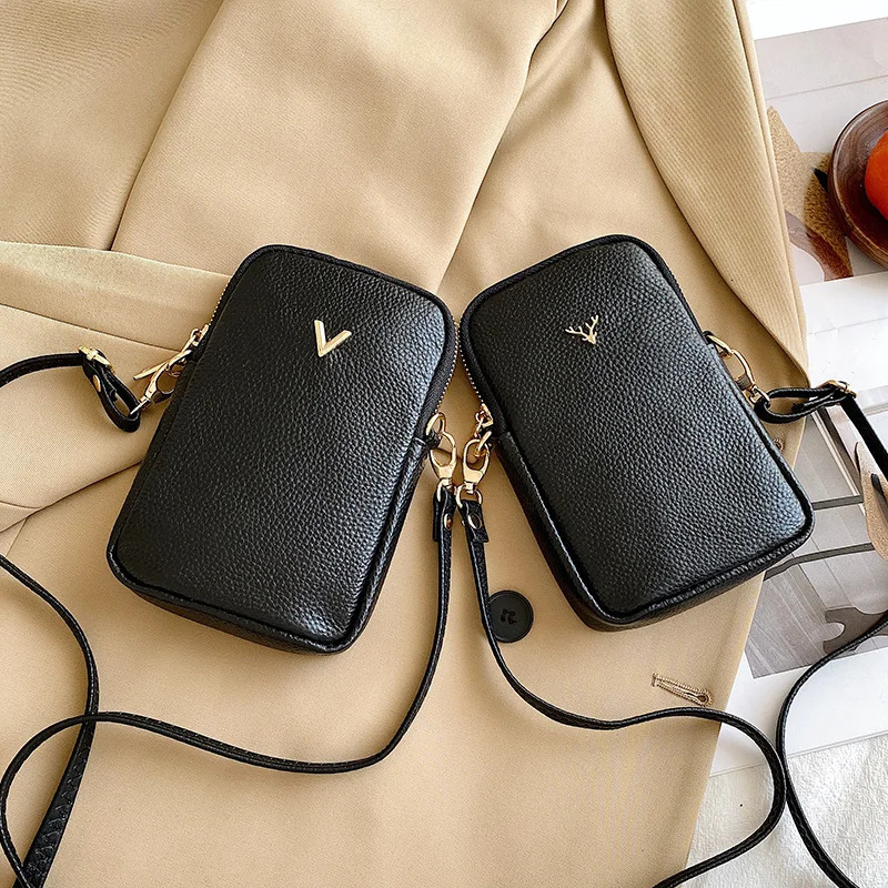 Women Purses Solid Color Genuine Leather Shoulder Strap Bag Mobile Phone Bag Card Holders Wallet Black Cowhide Handbag 241213
