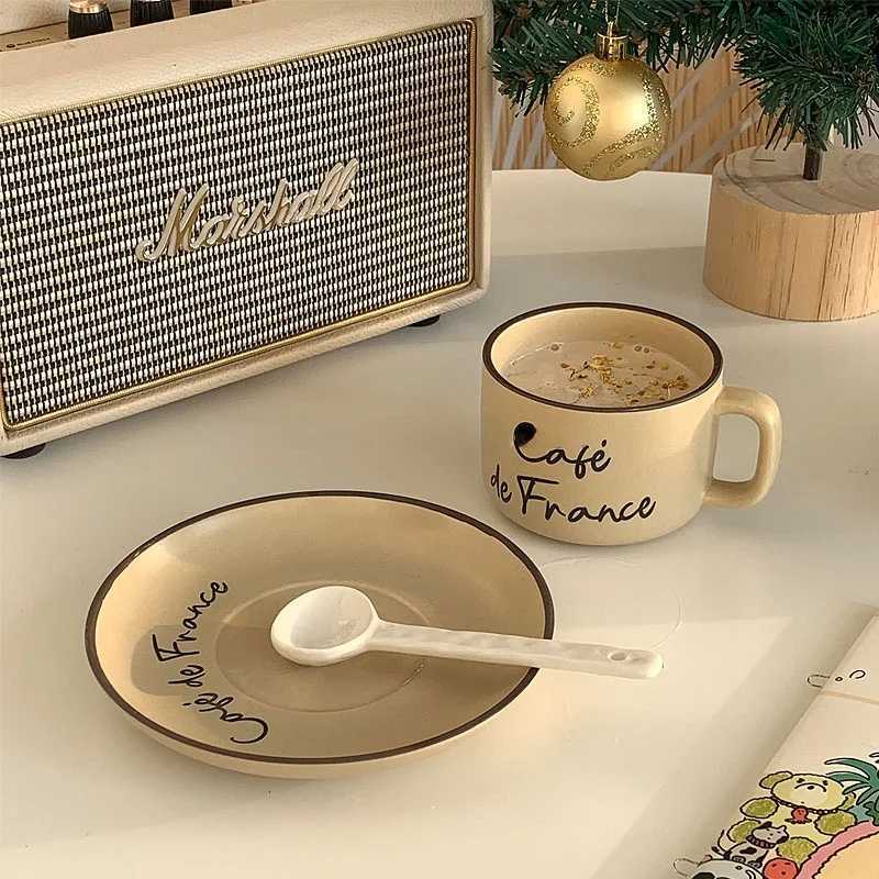 French letter ceramic cup with plate coffee afternoon tea milk retro beige Korean cup and cutlery set Y241214