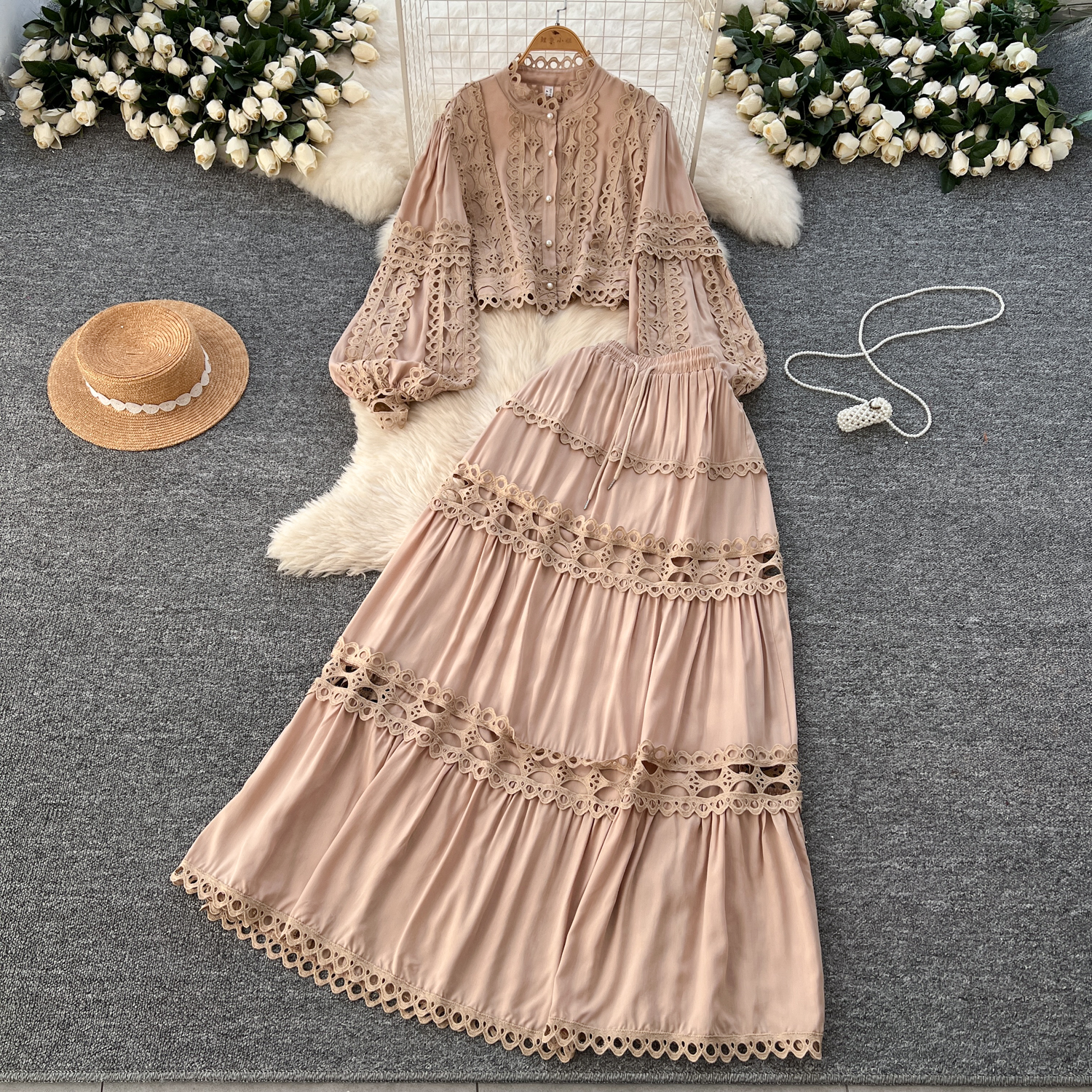 Two Piece Dress 2025 Spring Holiday Hollow Out Embroidery 2 Piece Sets Women Lantern Sleeve Short Loose Shirt Top A-Line Pleated Skirts Suit