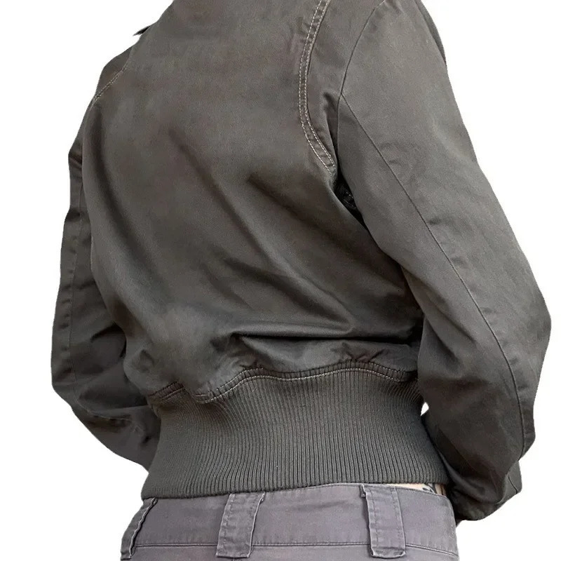 Retro Zipper Work Clothes Jacket Short Waist Collar Patch Work Bag Womens Clothing Standard Thickness NoEnName_Cull 241214