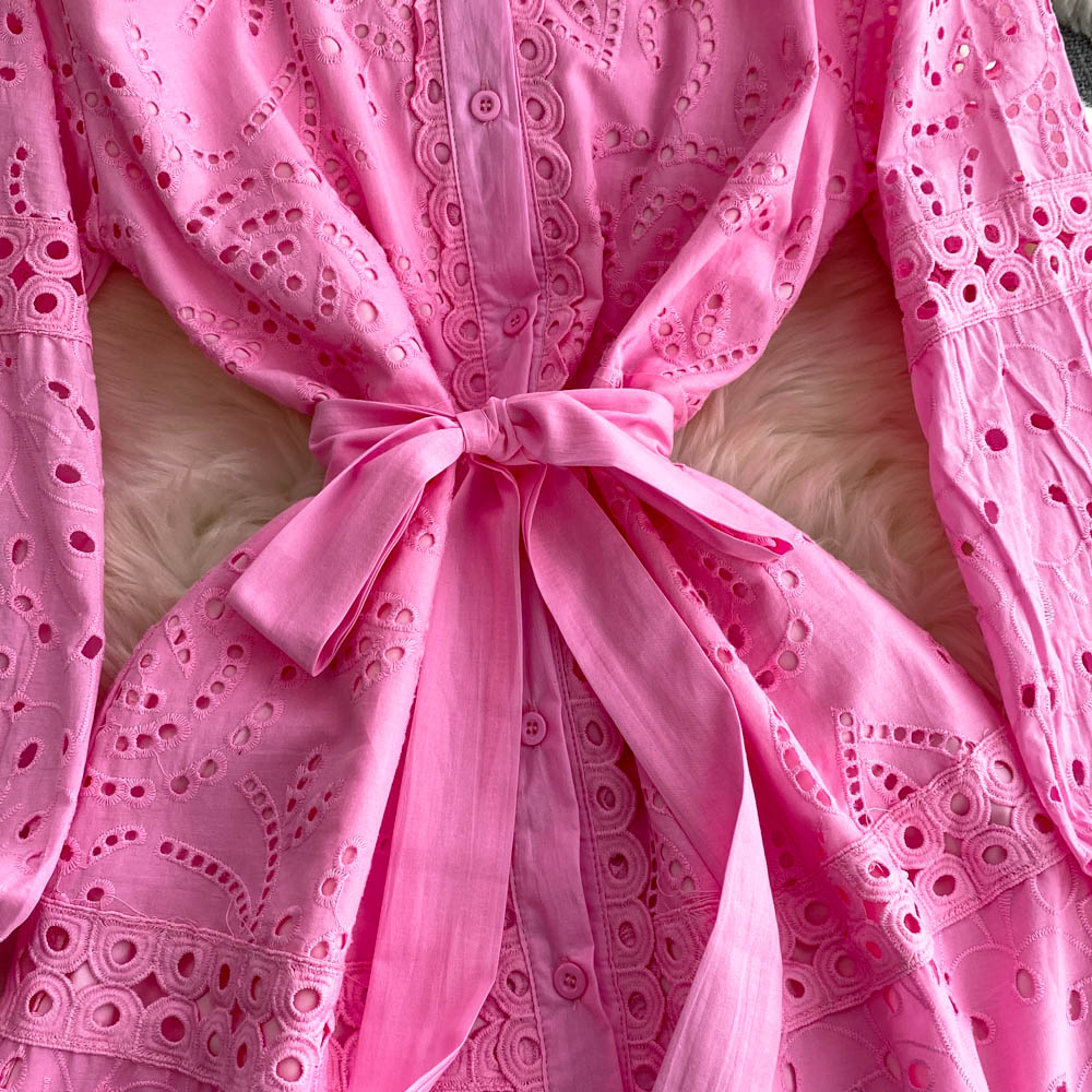 Casual Dresses 2025 Spring Holiday Beach Hollow Out Cotton Dress Women's Long Sleeve Lapel Embroidery Flower Belt Lace Up Party Long Vestidos