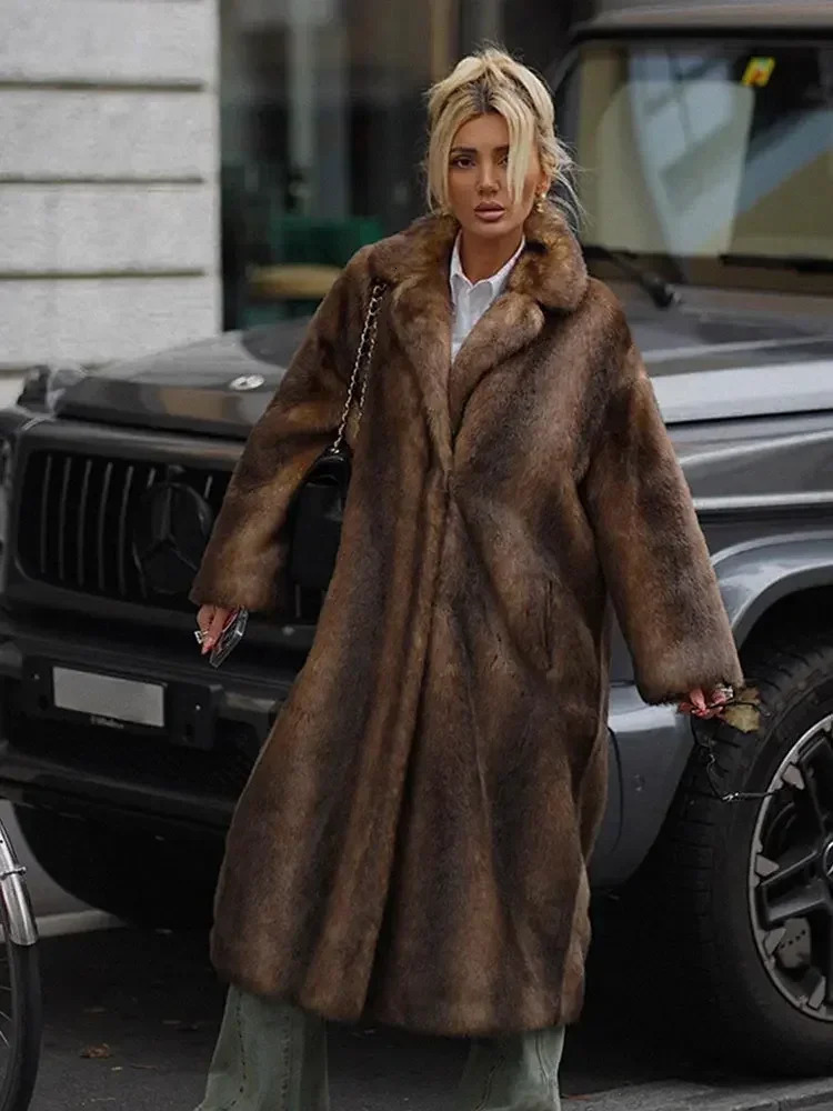 Womens Dark Brown Faux Fur Warm Long Coat Single Breasted Oversized Thickened Overcoat Winter Fluffy Plush Female Outerwear 241211
