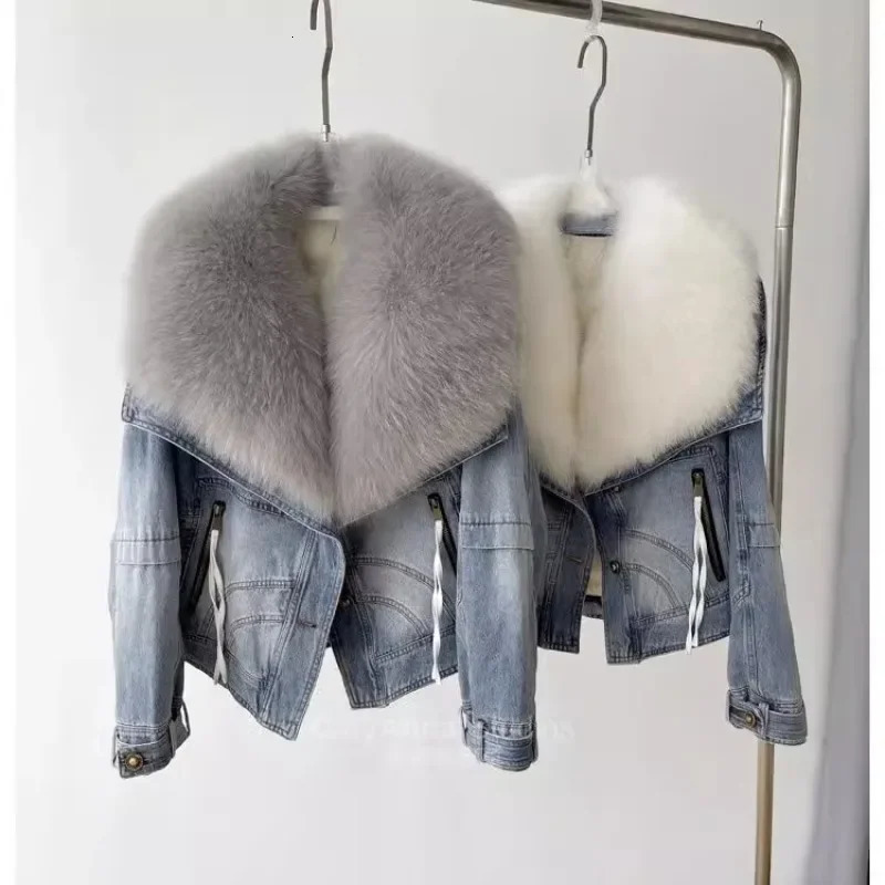 High Quality Womens Down Cotton Jacket Explosive Fur Coat 2025 Winter Oversized Fox Hair Detachable Denim Jacket 241213