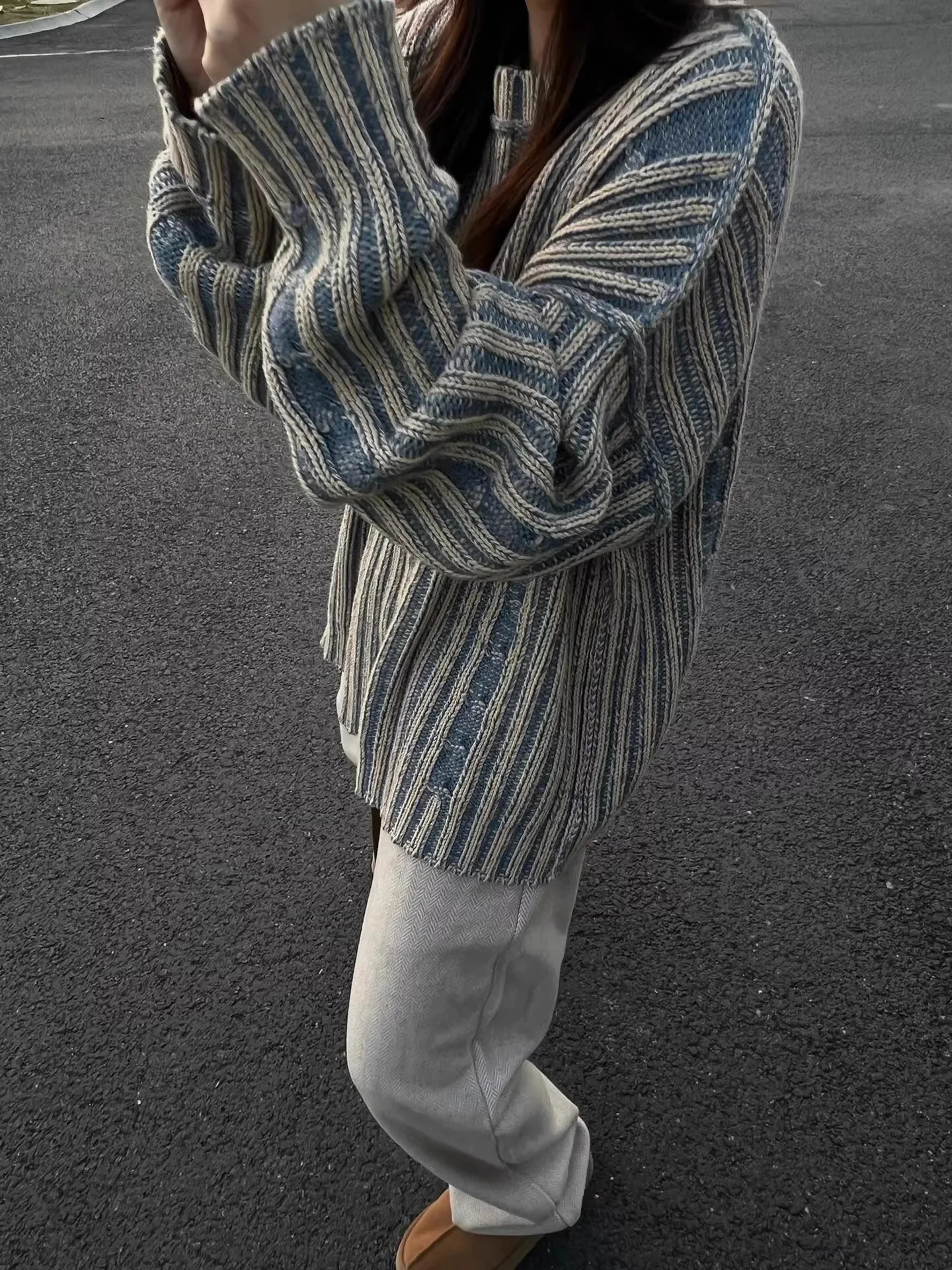Retro striped contrasting color sweater womens spring and summer high street couple niche lazy style knitted cardigan wool 241211