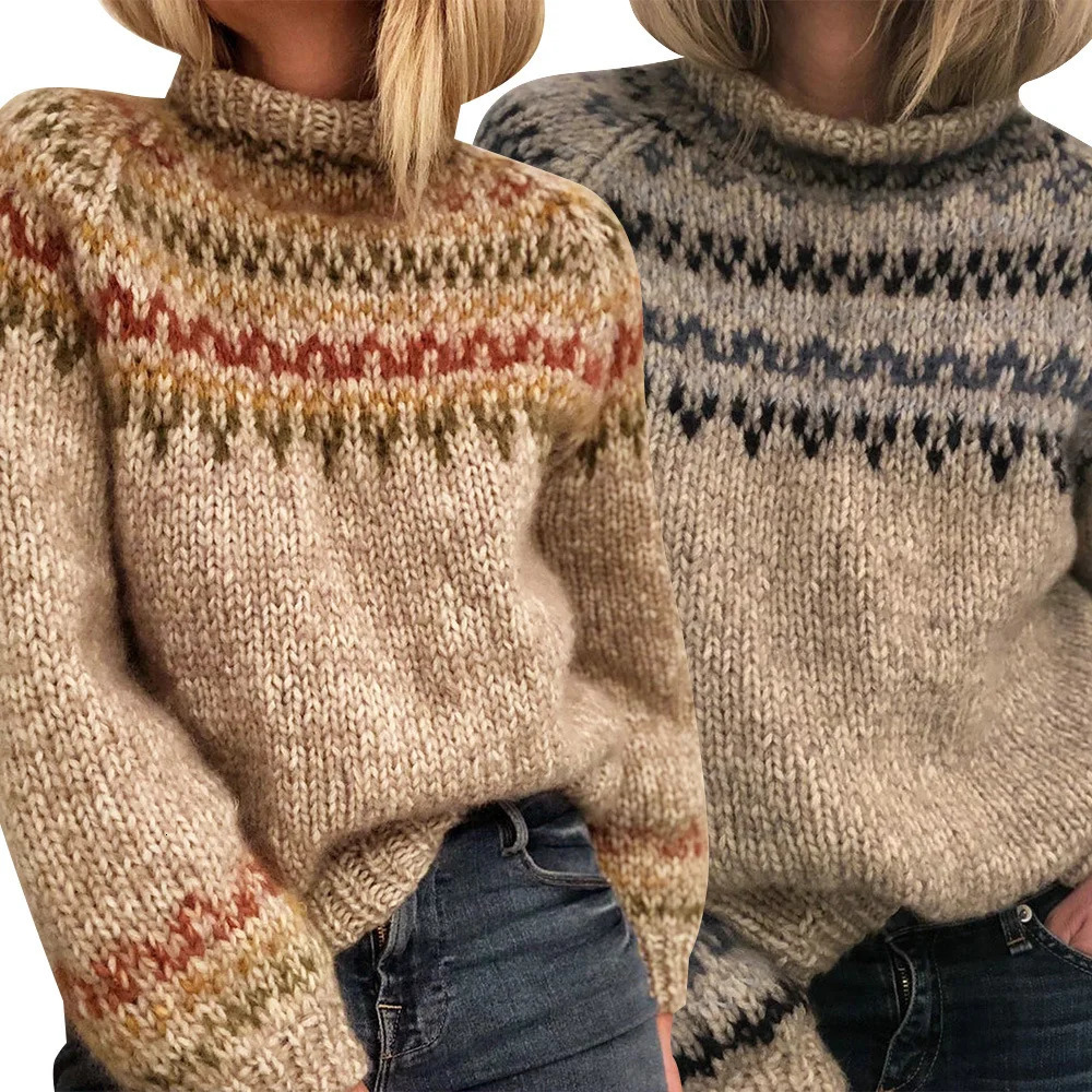 Fashionable womens 2024 autumn and winter turtle neck floral print long sleeved knitted casual personality loose fitting top jumper 241211