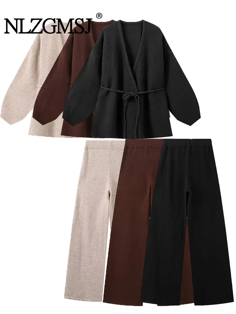 TRAF Autumn Casual Chic Women Knitted Suit Solid VNeck Long Sleeve Laceup Jackets Loose Pants Fashion 2 Piece Sets 241209