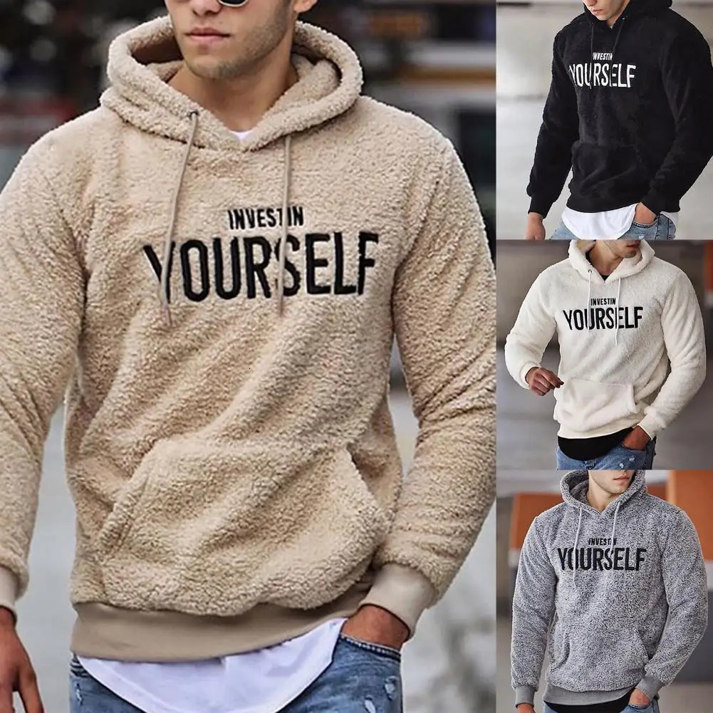 Hoodie Letters Embroidery Warm Pullover Men Long Sleeve Pockets Hooded Sweatshirt Fleece Casual Sweatshirts For Spring/Autumn 241214