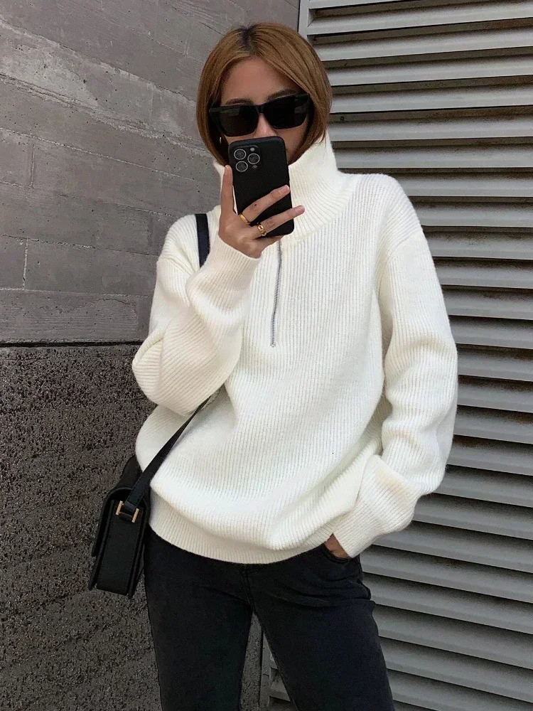 Winter womens turtle neck knitted fashionable zipper sweater oversized solid gray black casual long sleeved suitable for women 241211