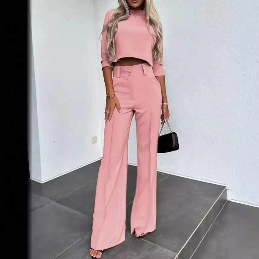 Summer Autumn Elegant Womens Temperament Top Round Neck Seven Quarter Sleeve Head Solid Color Top Wide Leg Pants Two-piece Set 241214