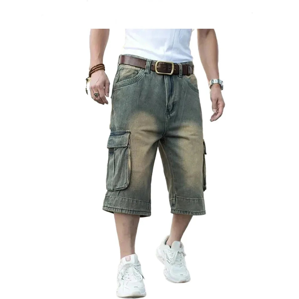 Plus Size Mens Denim Shorts HipHop Wideleg Jeans MultiPocket Cropped Pants Cargo Men 241211