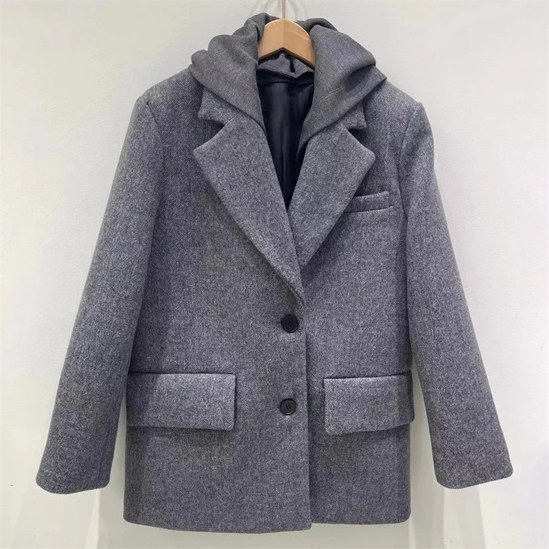 womens blazer winter in outerwears highquality wool blend suit jacket Shoulder pad slim fit hood Womens coat 241209