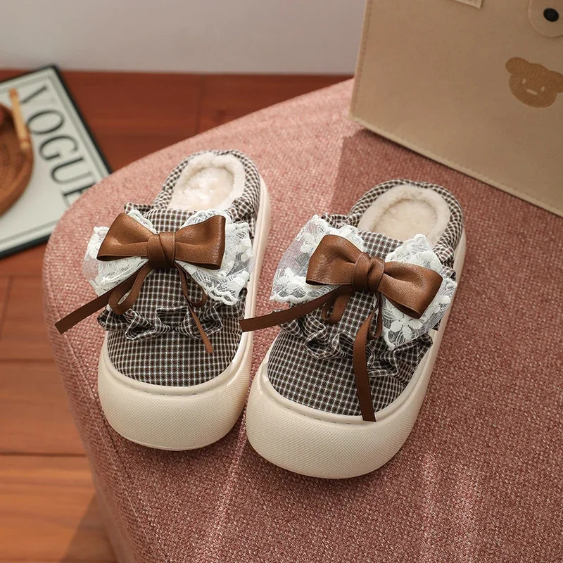Women Thick Sole Butterflyknot Winter Slippers Ladies Casual Antislip Warm Cotton Shoes Female Outdoor Fashion Flat Footwear 241214